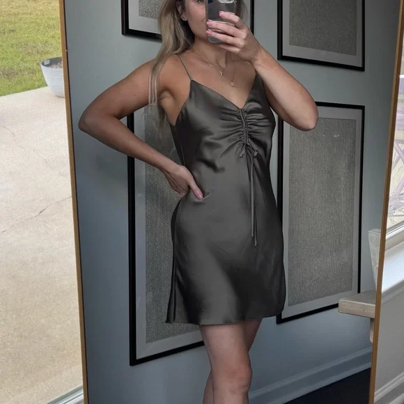 Sleek Satin Ruched Olive Green Midi Slip Flowy Dress - Picture 4 of 9